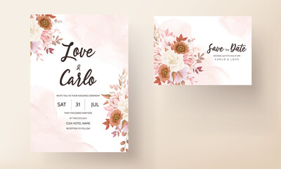 Romantic hand drawn elegant brown floral wedding invitation card