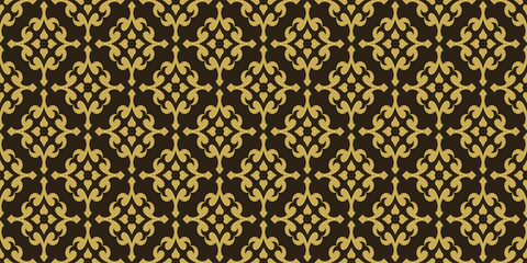 Background pattern with gold ornaments on a black background, wallpaper. Great for postcards, covers, wallpapers. Seamless pattern, texture for your design. Vector image 