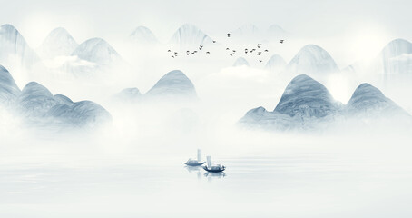 Fototapeta na wymiar Hand painted Chinese style blue elegant landscape painting
