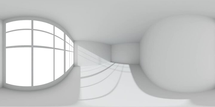 Empty white room with white wall, ceiling and floor, with sunlight from window environment HDRI map, colorless white 360 degrees spherical panorama, view form corner near window, 3d animation mock-up