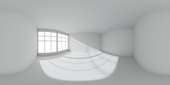 Empty white room with white wall, floor, ceiling with sun light from window HDRI environment map, colorless white 360 degrees spherical panorama form wall 3d animation mock-up