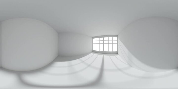White empty room with white wall, floor, ceiling with sun light from window HDRI environment map, colorless white 360 degrees spherical panorama, view form room corner, 3d animation mock-up