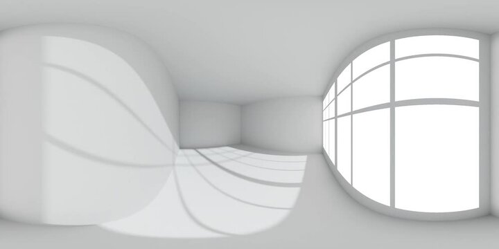White empty room with white wall, floor, ceiling with sun light from window HDRI environment map, colorless white 360 degrees spherical panorama, view form corner near window, 3d animation mock-up