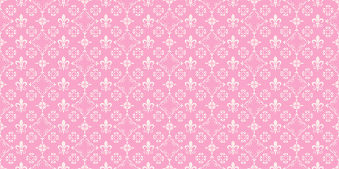 Cute background pattern with white floral ornament on a pink background, retro style, wallpaper. Seamless pattern, texture for your design. Vector image