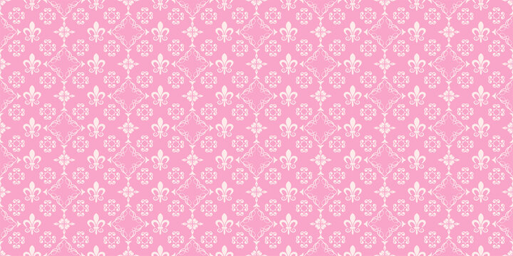 Cute background pattern with white floral ornament on a pink background, retro style, wallpaper. Seamless pattern, texture for your design. Vector image
