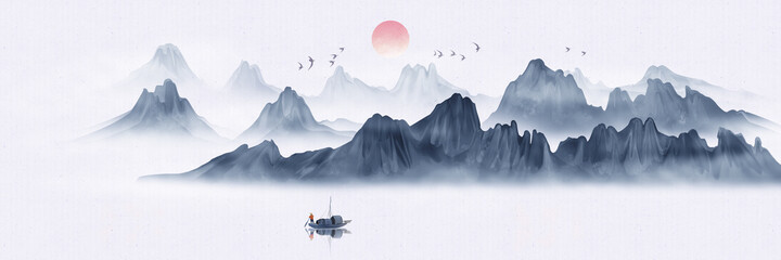 Hand painted Chinese style blue elegant landscape painting © 心灵艺坊