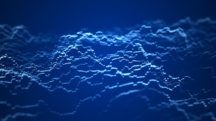 Digital background with moving glowing particles. Futuristic hi-tech illustration. Concept of data transfer in cyberspace. Big data visualization. 3d rendering.