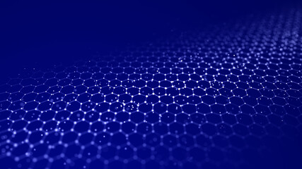 Abstract hexagon wave with moving dots. Flow of particles. Cyber technology illustration. 3d rendering