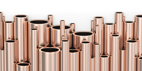 Heap of vertical copper pipes. 3d illustration  - obrazy, fototapety, plakaty