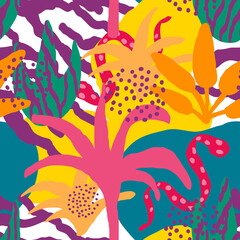 Naklejka premium Bright Leaves and Doodles Asian Vector Seamless