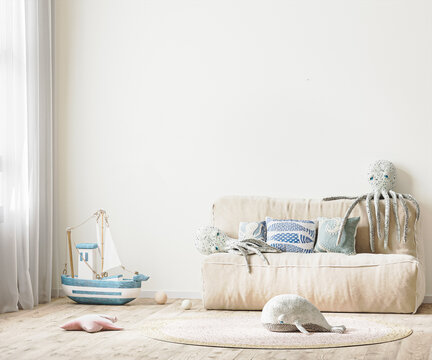 Children's room with bed and soft toys, white wall mock up in kids room interior, 3d rendering
