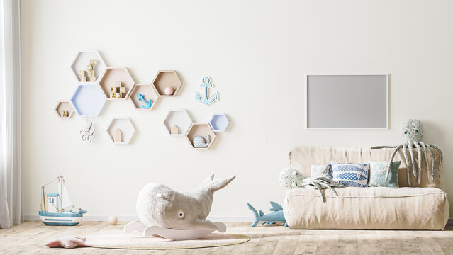 Horizontal frame mock up in stylish children's room interior in light tones with toys, bed and shelves, 3d rendering 