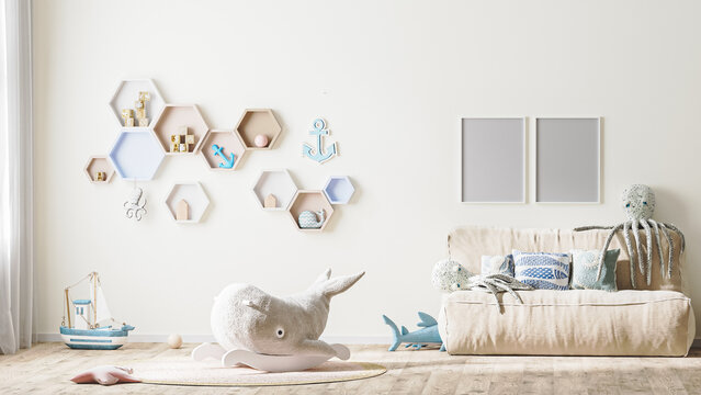 Poster frame mock up in stylish children's room interior in light tones with toys, bed and shelves, 3d rendering 