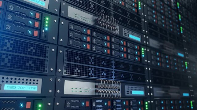 Close the server rack cluster in the data center with the selected focus, narrow depth field. The camera moves along the server with different clusters. 3D 4K loop animation