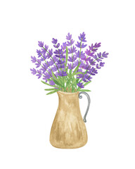 Lavender flowers, beige vintage jar arrangement, symbol of French Provence region, summer and vacation design, hand drawn floral illustration for holiday design, invitations, travel articles