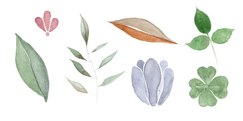 Watercolor Botanic Set. Hand-painted leafs and branchs on white Isolaited background