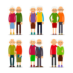 Six couples older people. People stand in pairs. Elderly man and woman stand together and hug each other. A couple of friends. Set illustration isolated on white background in flat style