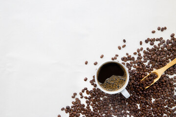 hot coffee and bean on white paper background. mockup and templates to create greeting, cards,...