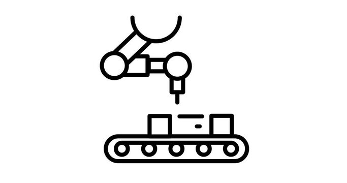 Robot working at conveyor belt icon in outline design.