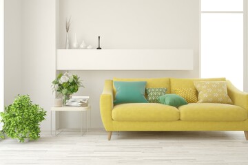 White living room with sofa. Scandinavian interior design. 3D illustration