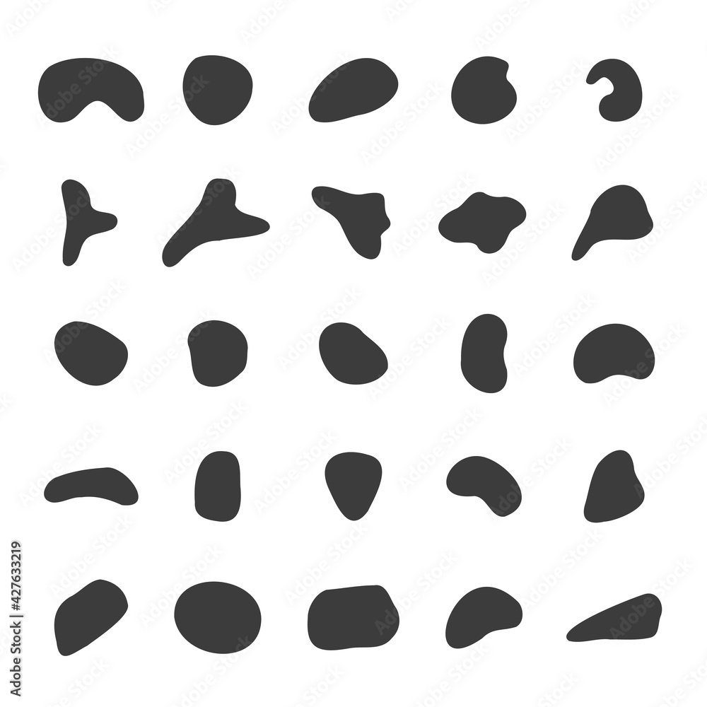 Poster random organic shapes collection. black blob elements, splodge monochrome minimal forms