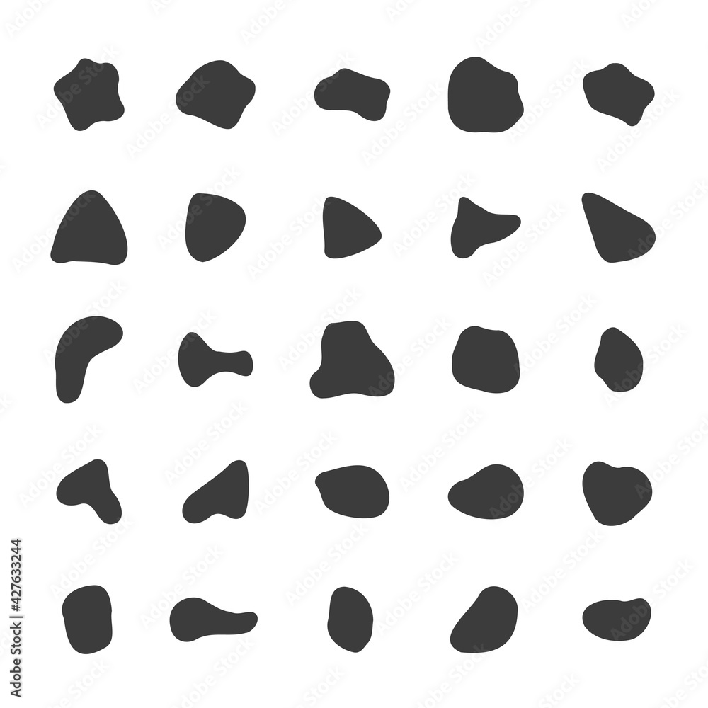 Poster random organic shapes collection. black blob elements, splodge monochrome minimal forms