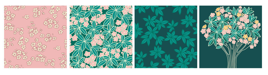 Tropical frangipani flower seamless pattern set.
