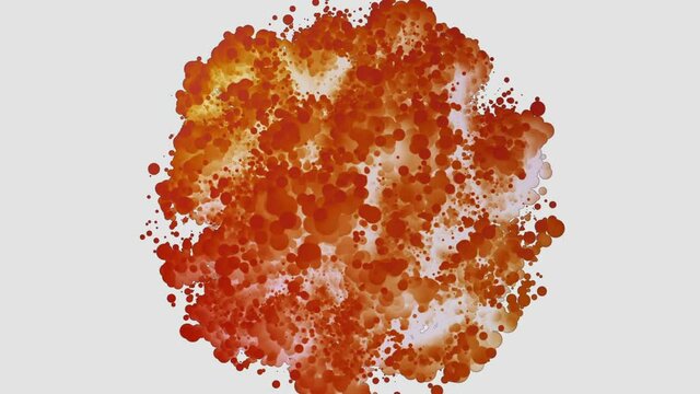 Bright particles and orange bubbles follow each other and their number increases.