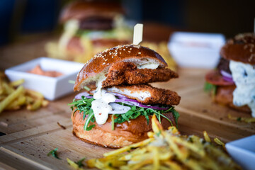 tasty delicious home made burgers with french fries