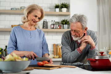 Senior woman and man cooking in the kitchen. Happy husband and wife preparing delicious food at home.