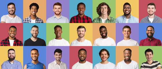 Collage set of smiling diverse multicultural men