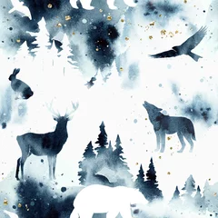 Tapeten Waldtiere Aquarell stilvolles nahtloses Muster mit Wald und Tieren unter Nachthimmel in blauen und weißen Farben. Wilde Tiere Silhouetten und Bäume
