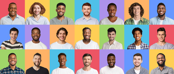 Composite set of smiling diverse multicultural adult men