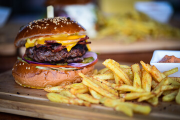 tasty delicious home made burgers with french fries