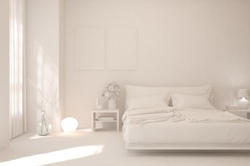 Modern bedroom in white color. Scandinavian interior design. 3D illustration