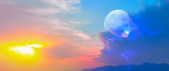 Lightning strikes between blue stormy clouds with full moon at sunset "Elements of this image furnished by NASA"   
