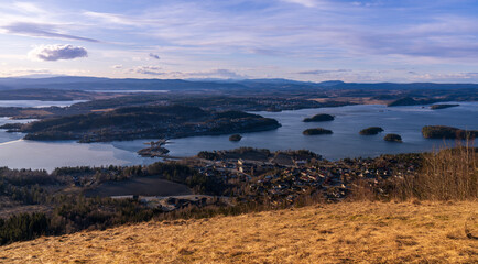Steinsfjorden, a branch of Lake Tyrifjorden located in Buskerud, Norway. View from Kongens Utsikt (Royal View) at Krokkleiva