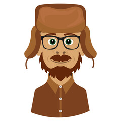 A bearded man in a hat with earflaps. Archaeologist or geologist vector drawing.