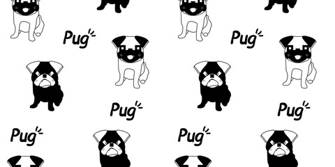 Dog seamless pattern, Pug on white background.	