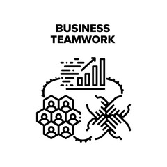 Business Teamwork In Office Vector Icon Concept. Business Teamwork In Office, Company Team Brainstorming And Increasing Money Profit Together. Businesspeople Employees Working Black Illustration