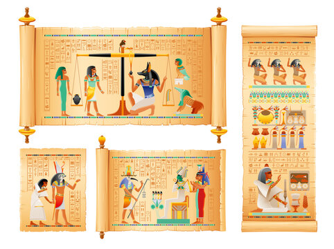 Egyptian Papyrus From Book Of Dead With Afterlife Ritual In Duat. Osiris Judgment Illustration. God Horus, Isis, Osiris Human Soul With Food, Drink. Vector Ancient Egypt Papyrus With Hieroglyph Text