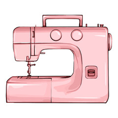 Hand drawn sewing machine retro sketch for your design. Modern illustration of a sewing machine on a white background. Pink sewing machine beautiful illustration. sewing machine front view art