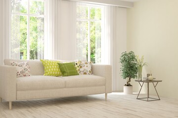 White living room with sofa and summer landscape in window. Scandinavian interior design. 3D illustration