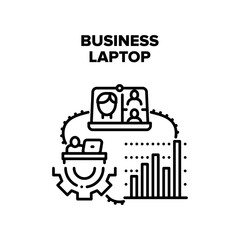 Business Laptop Vector Icon Concept. Business Laptop For Working In Internet, Analyzing Financial Infographic Or Trading And Video Call Communication With Employees And Colleagues Black Illustration