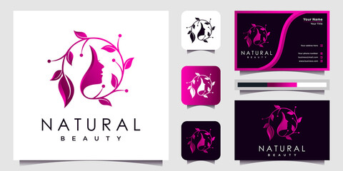 Natural Beautiful woman's face flower logo  with pink gradient colour line art style concept and business card design for beauty salon Premium Vector