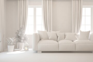Fototapeta premium White minimalist living room with sofa. Scandinavian interior design. 3D illustration
