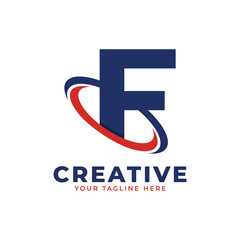 Corporation Letter F Logo With Creative Circle Swoosh Orbit Icon Vector Template Element in Blue and Red Color.