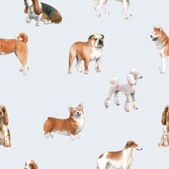 Beautiful seamless pattern with cute watercolor hand drawn dog breeds Cocker spaniel Greyhound Basset hound Poodle Bulldog and Welsh corgi pembroke . Stock illustration.