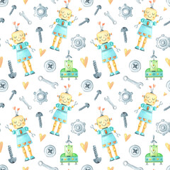 Fototapeta premium Watercolor robot girl,screwdriver, screw, gear on white background. Cute watercolour cartoon character for children.