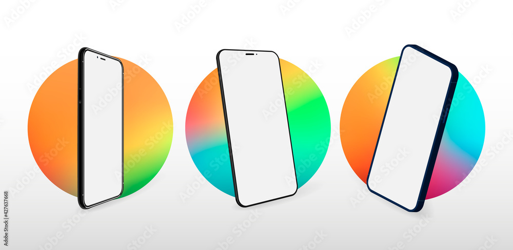 Poster smartphone frame less blank screen, rotated position. smartphone from different angles. frameless ph